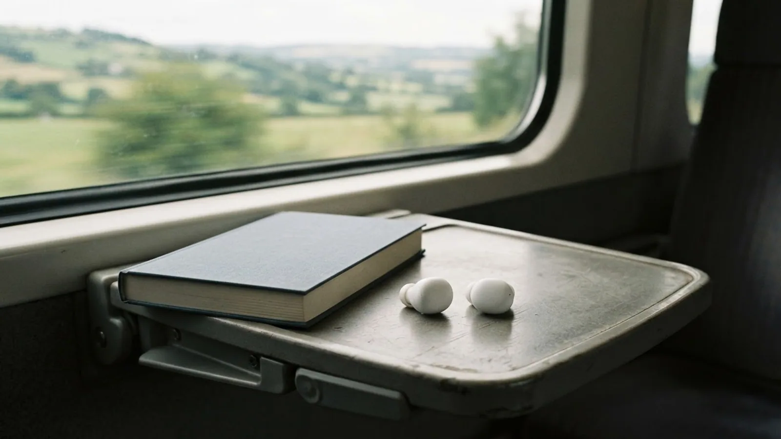 Two white earbuds on a train tray table next to a book, with countryside outside the window
