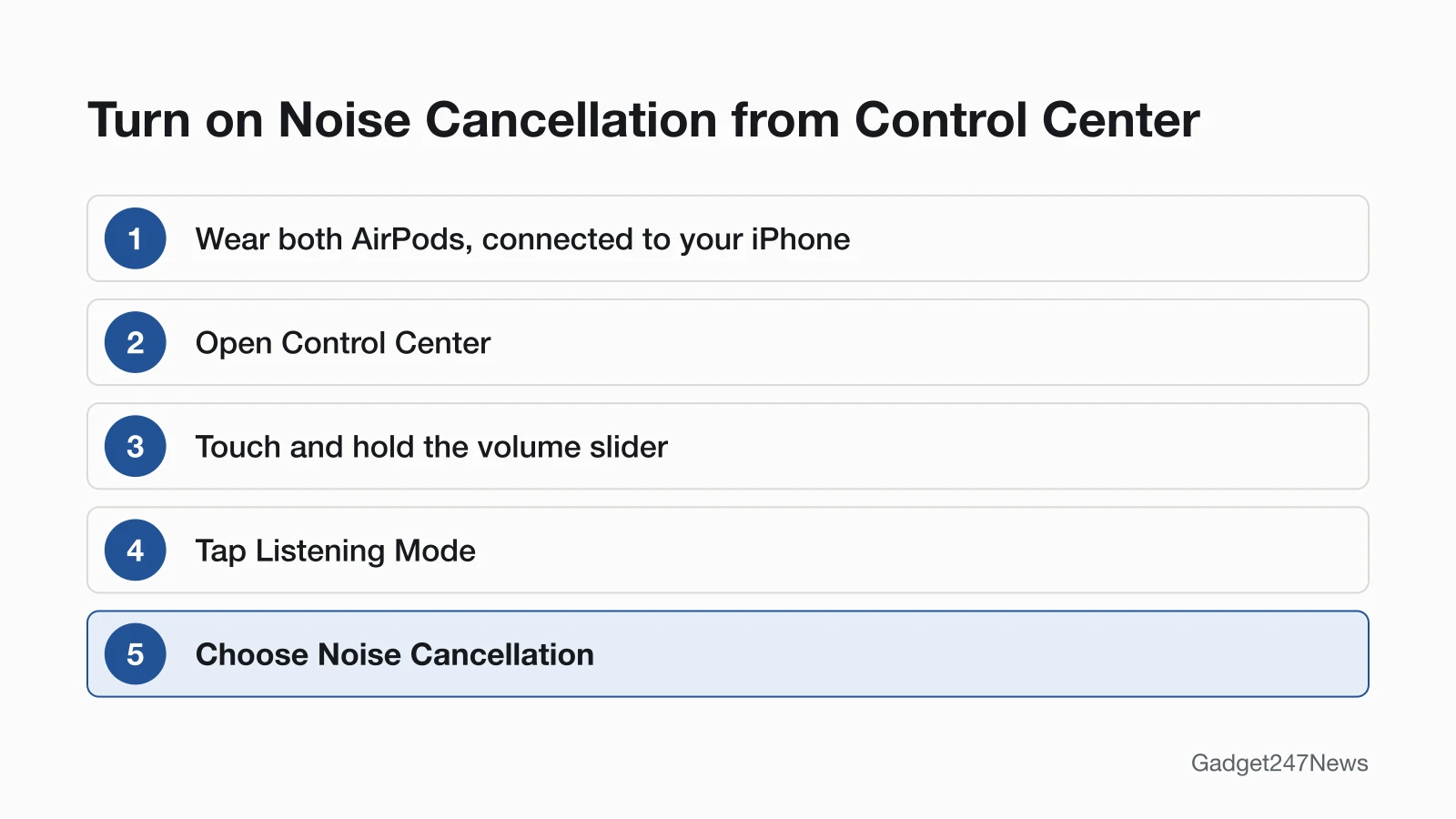 Steps on iPhone: wear both AirPods, open Control Center, touch and hold the volume slider, tap Listening Mode, choose Noise Cancellation