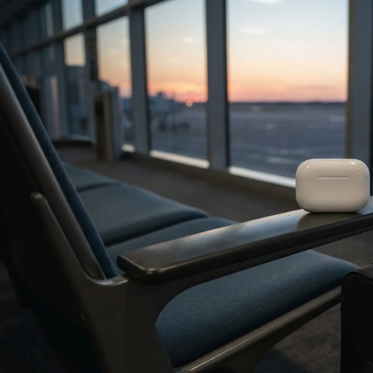 A closed white earbuds case and a paper coffee cup on the armrest of an airport gate seat at sunset, with a carry-on bag beside it