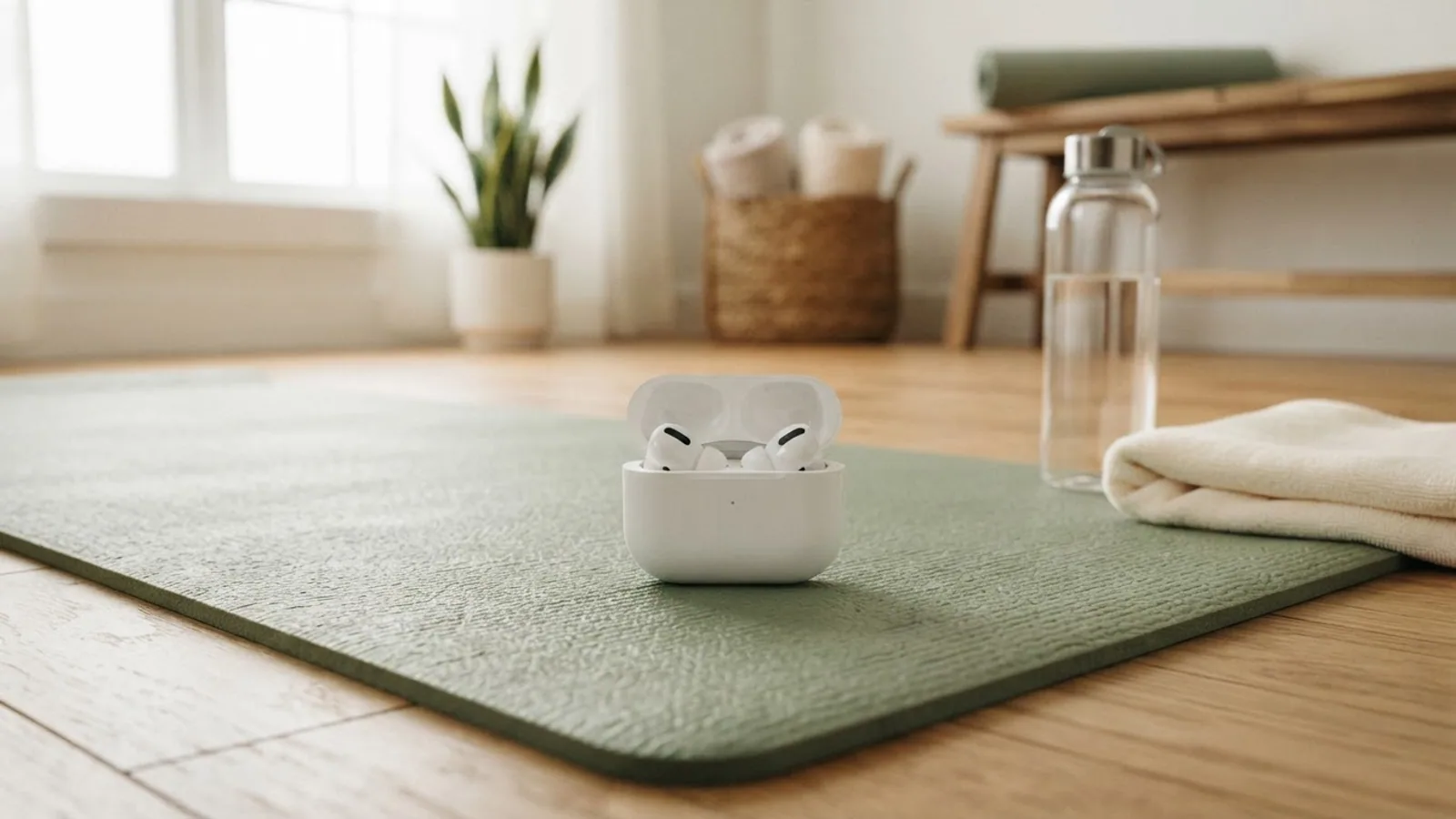 An open white earbuds case with both earbuds inside on a green yoga mat beside a water bottle and a towel