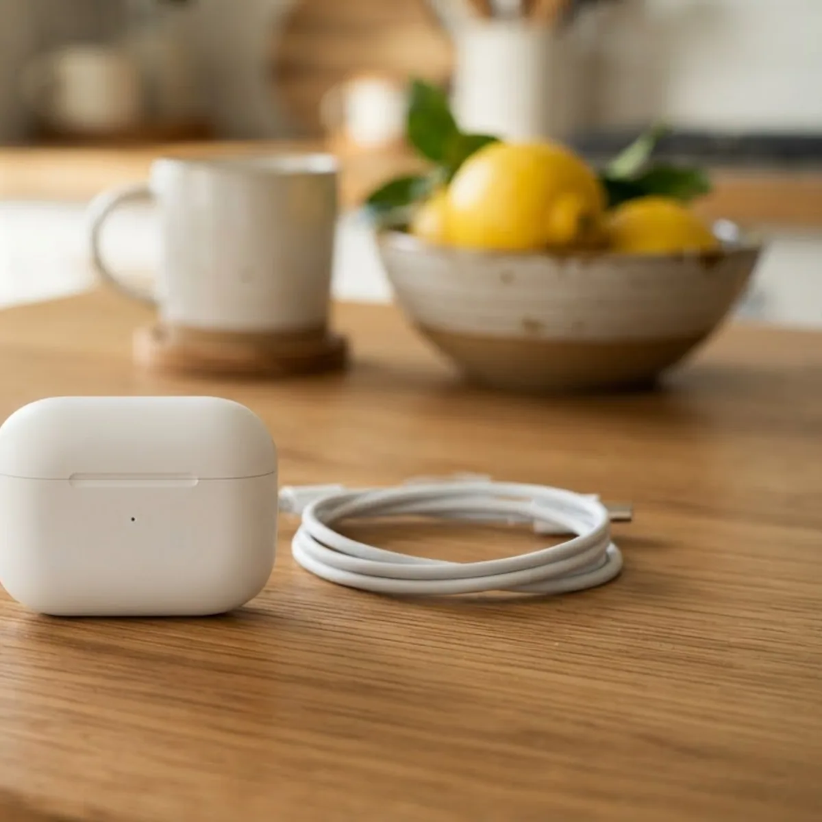 A closed white earbuds charging case on a wooden kitchen table next to a coiled white charging cable