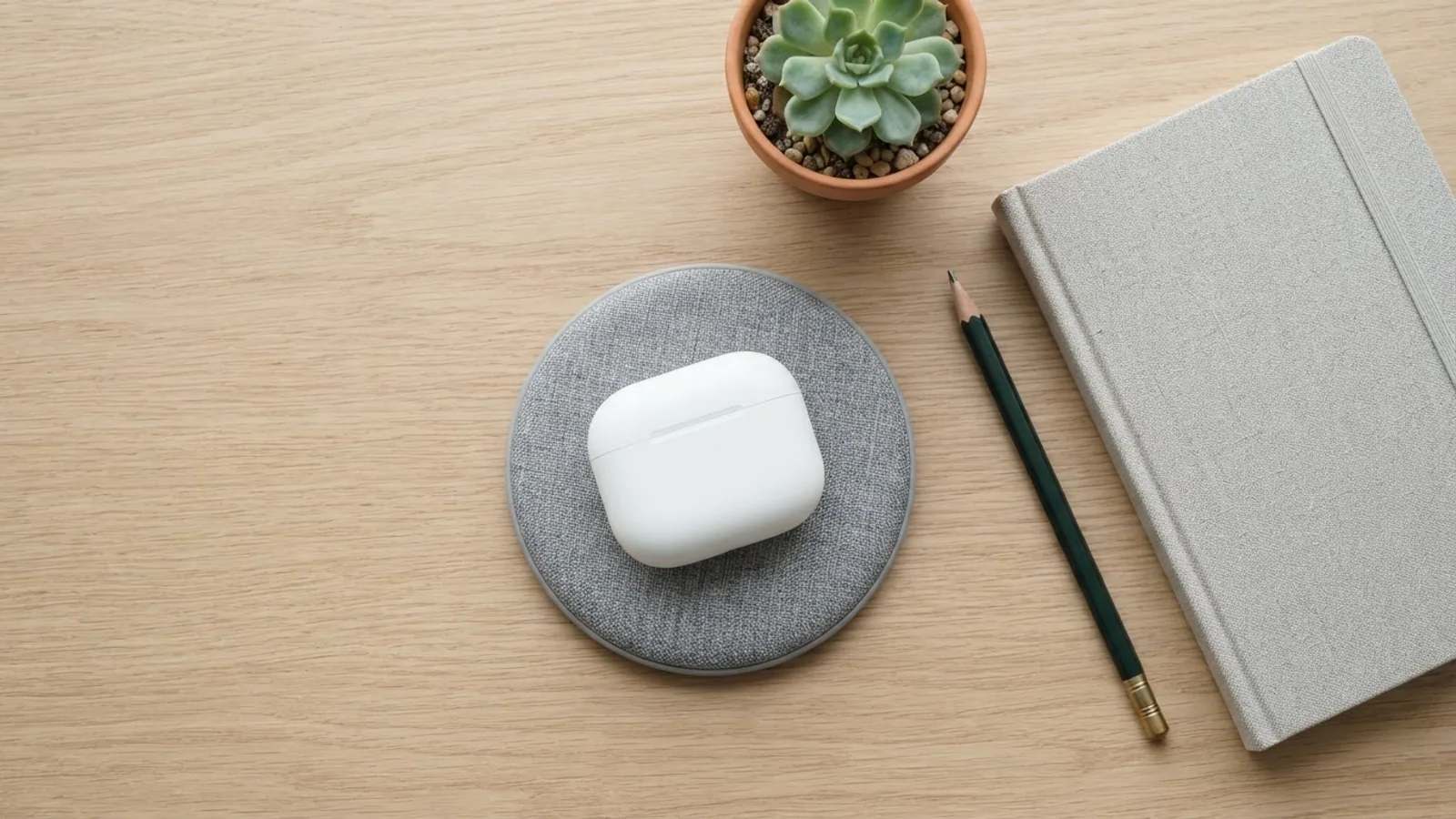 Top view of a closed white earbuds case on a round grey wireless charging pad on a light desk beside a notebook, a pencil and a succulent