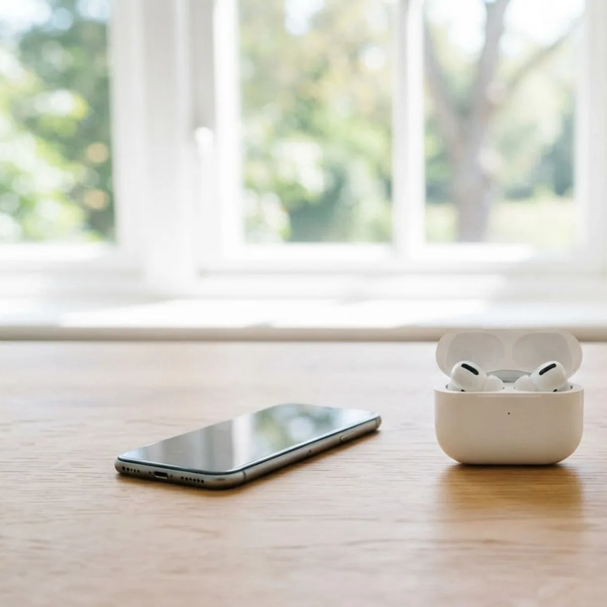 An open white earbuds case with both earbuds inside, beside a phone and a small vase of flowers on a light oak desk