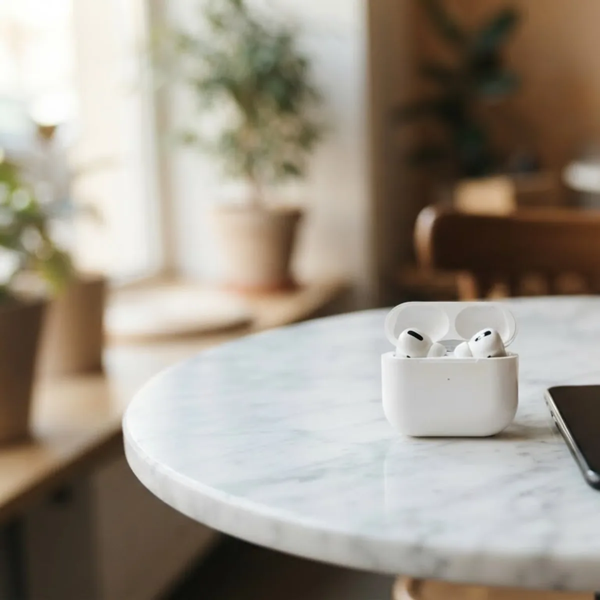 An open white earbuds case beside a smartphone with a dark screen on a marble cafe table next to a latte