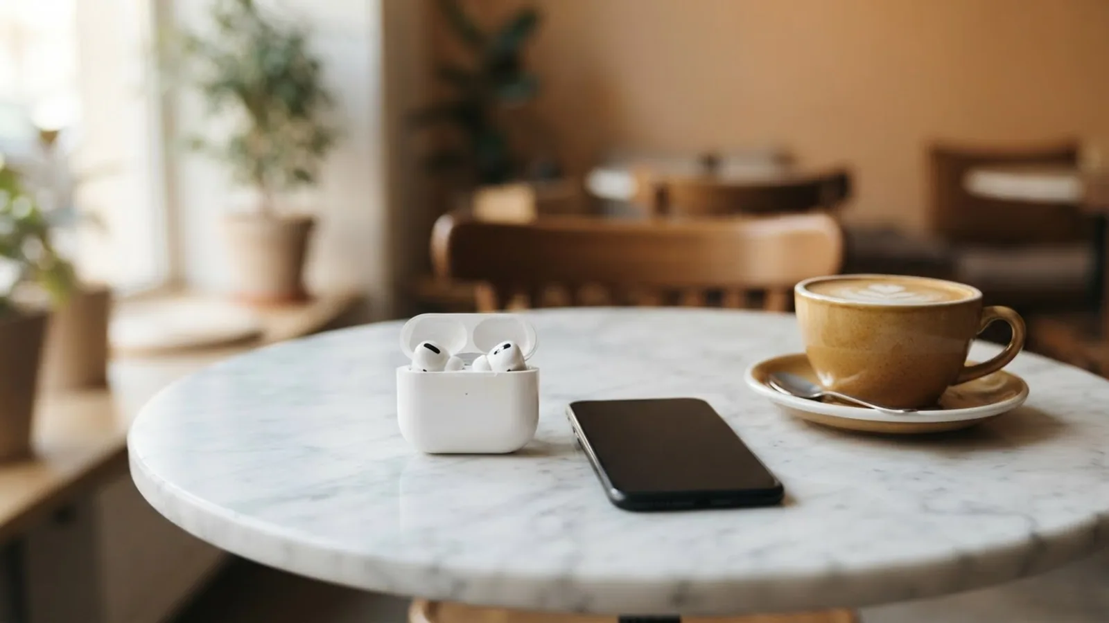 An open white earbuds case beside a smartphone with a dark screen on a marble cafe table next to a latte