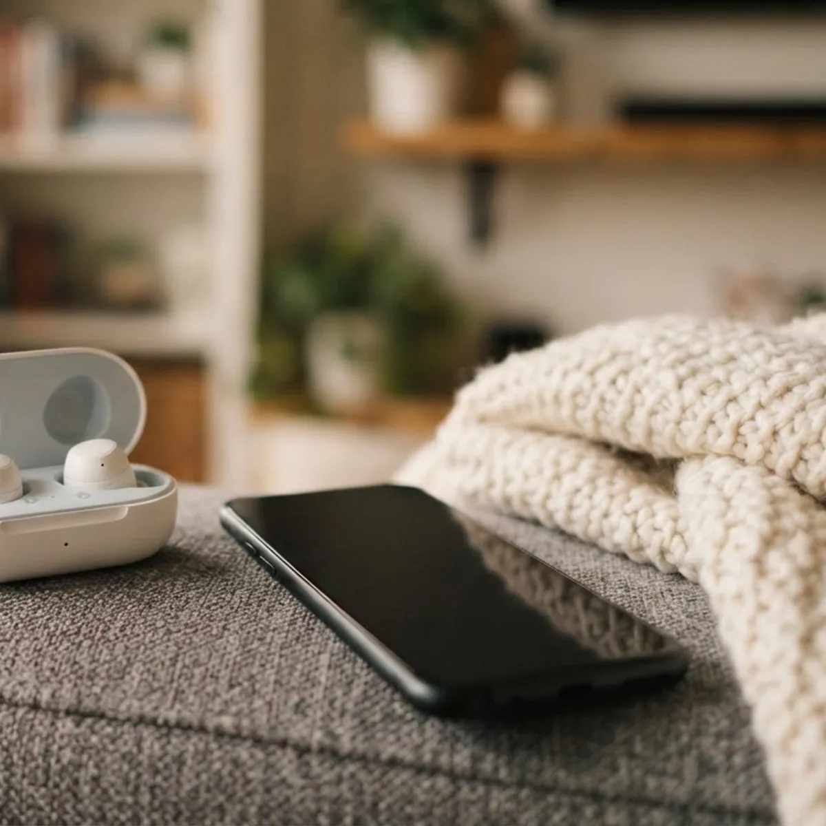 Open earbuds case with two white earbuds on a sofa arm beside a phone