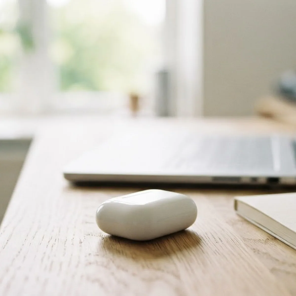 Closed white earbuds case on a light wooden desk with a laptop behind it
