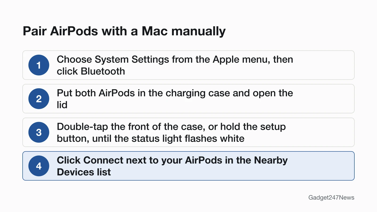 Four steps to pair AirPods with a Mac: open System Settings and Bluetooth, open the case, double-tap the case or hold the setup button until the light flashes white, then click Connect in Nearby Devices.