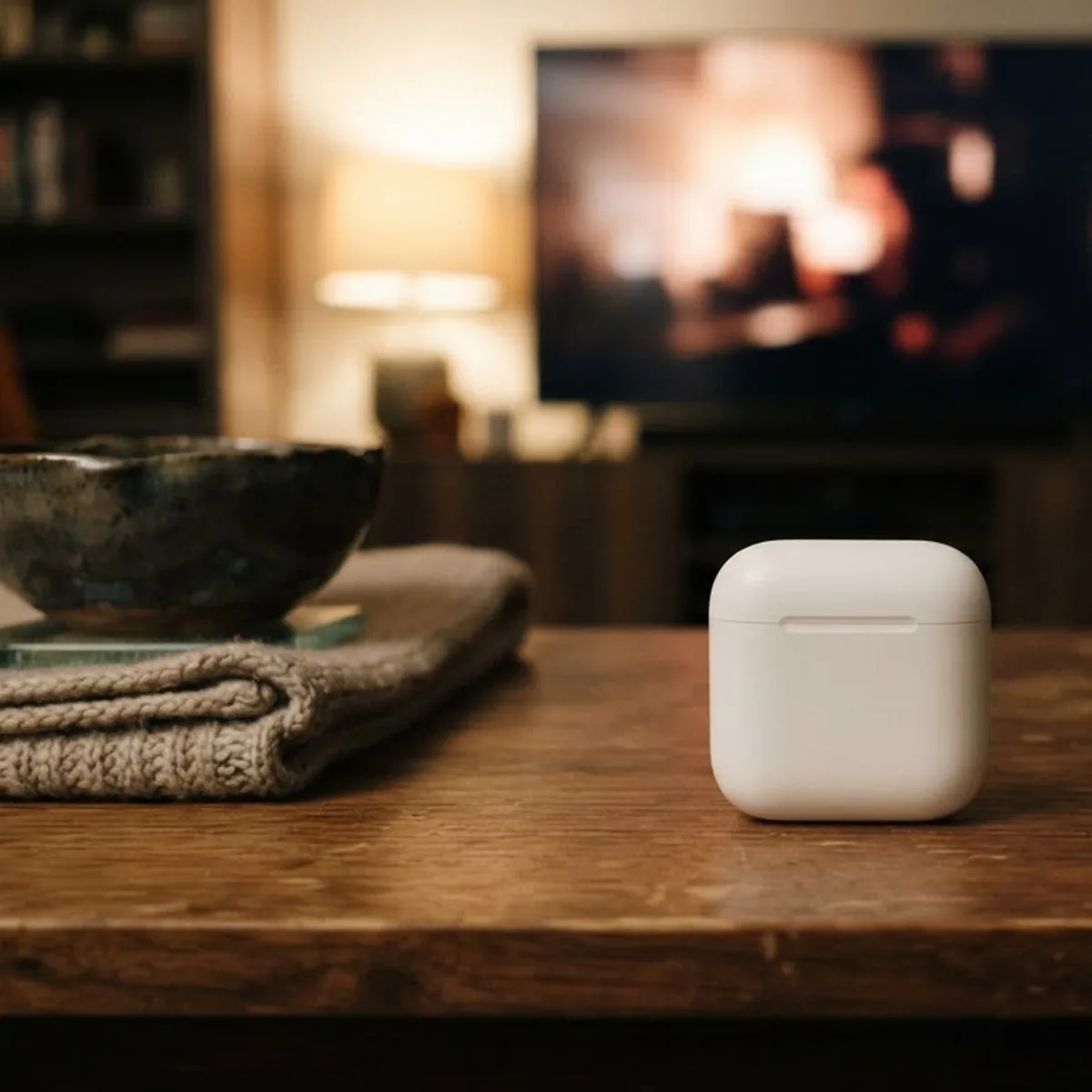 Closed white earbuds case on a coffee table in a dim living room with a TV glowing behind