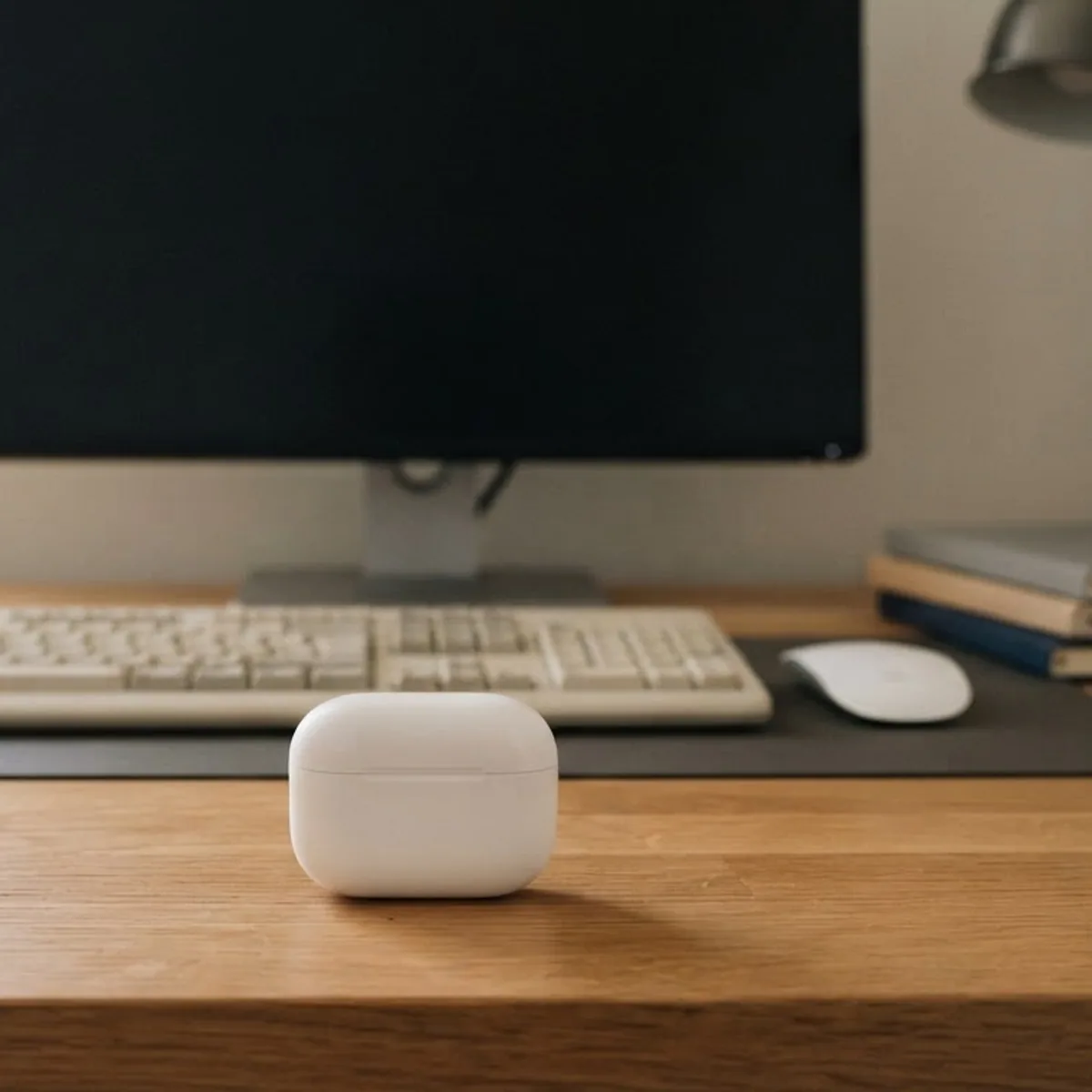 A closed white earbuds case on a wooden desk in front of a keyboard, a mouse and a dark computer monitor