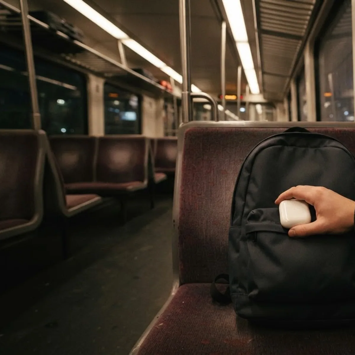 A hand holding a closed white earbuds case on top of a backpack on an empty commuter train at night