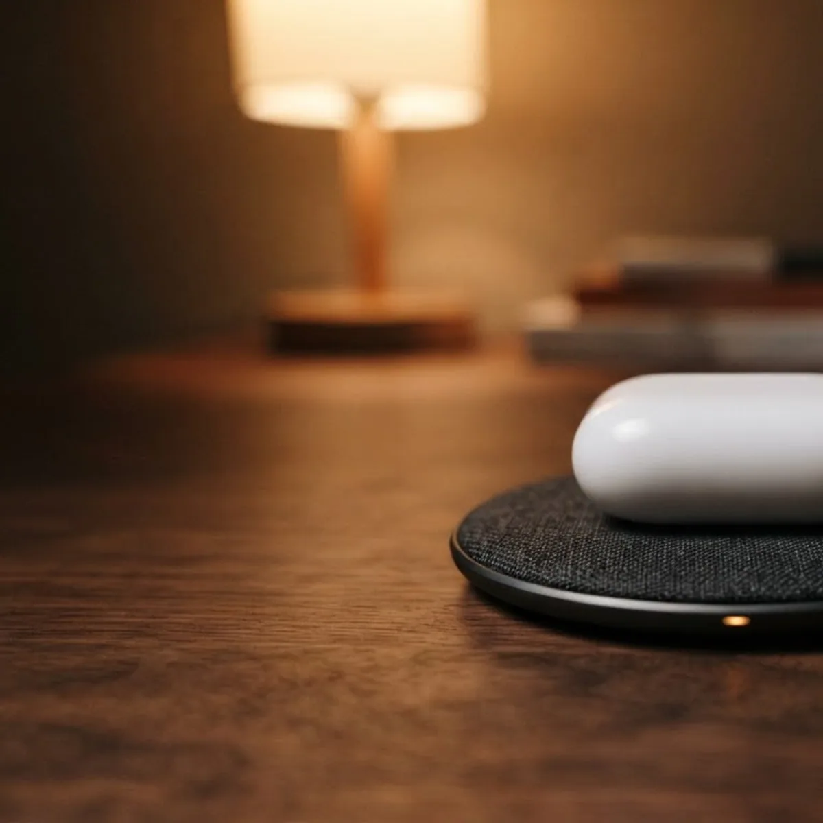 Earbuds charging case resting on a wireless charging pad