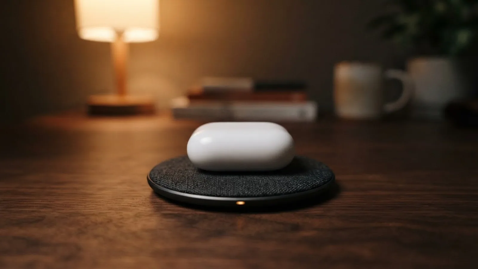 Earbuds charging case resting on a wireless charging pad