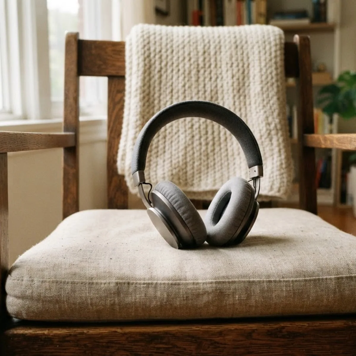 Grey over-ear headphones resting on the cushion of a wooden armchair in a sunlit living room