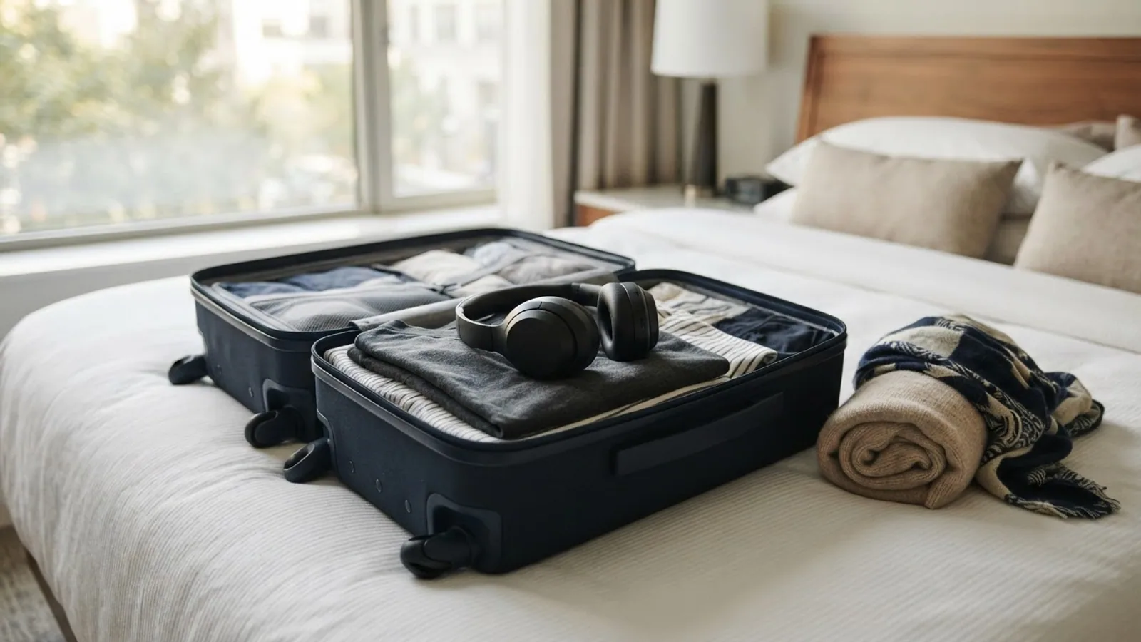 Black over-ear headphones lying on folded clothes in an open suitcase on a hotel bed