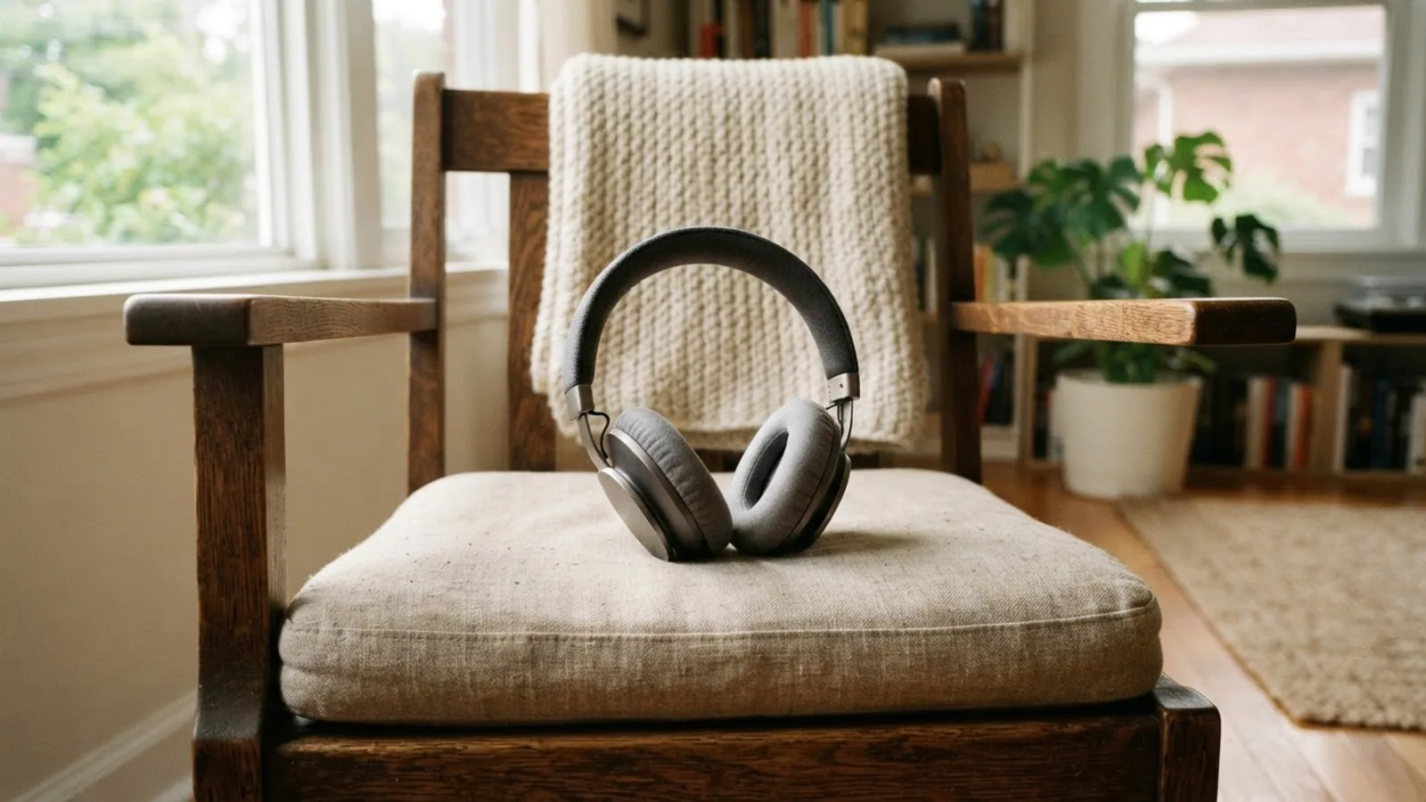 Grey over-ear headphones resting on the cushion of a wooden armchair in a sunlit living room