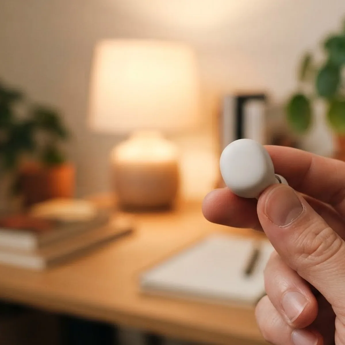 Hand holding a single white earbud in front of a softly lit home office