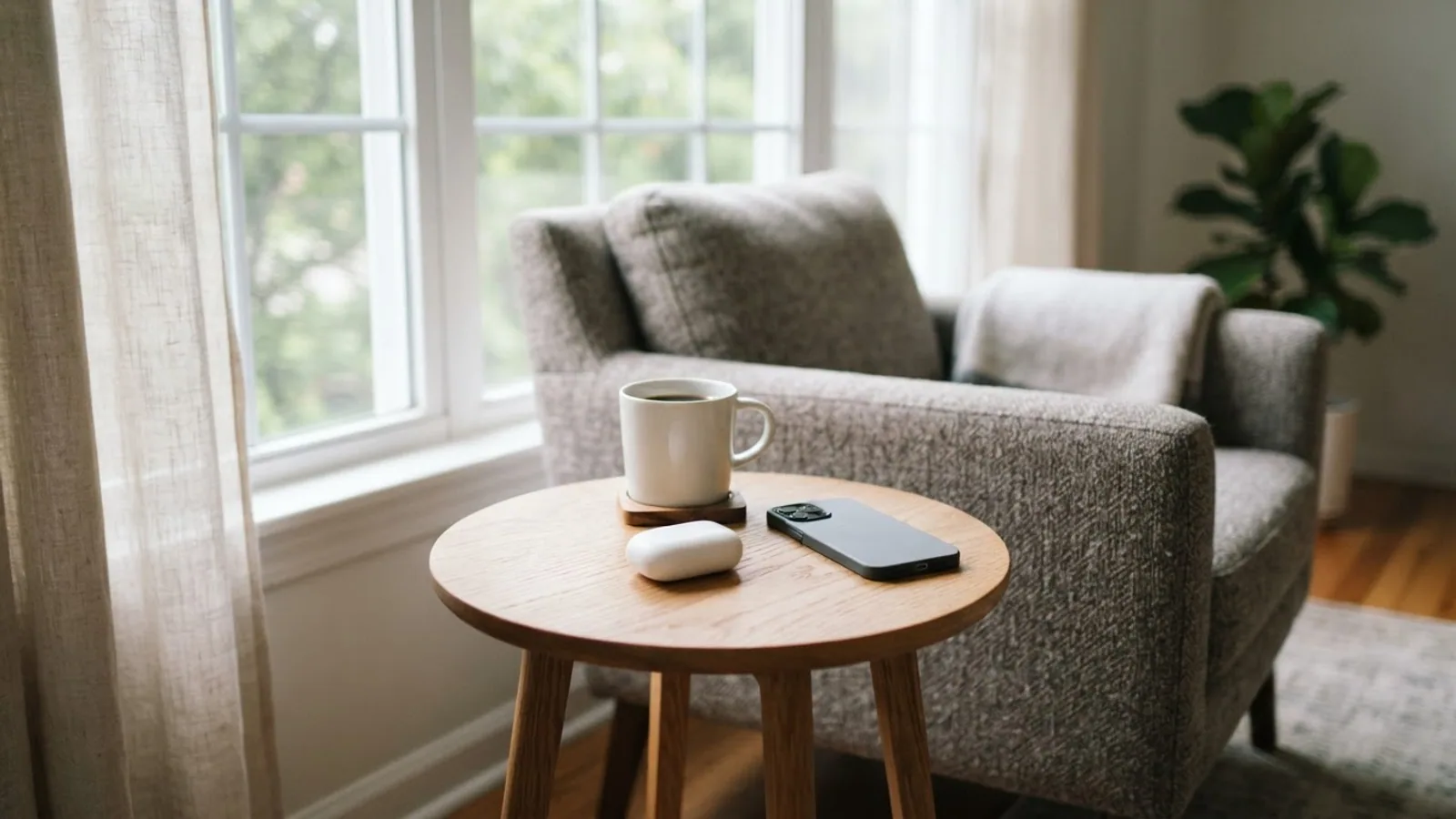 A closed white earbuds case and a phone lying face down on a round side table next to a window armchair and a cup of coffee