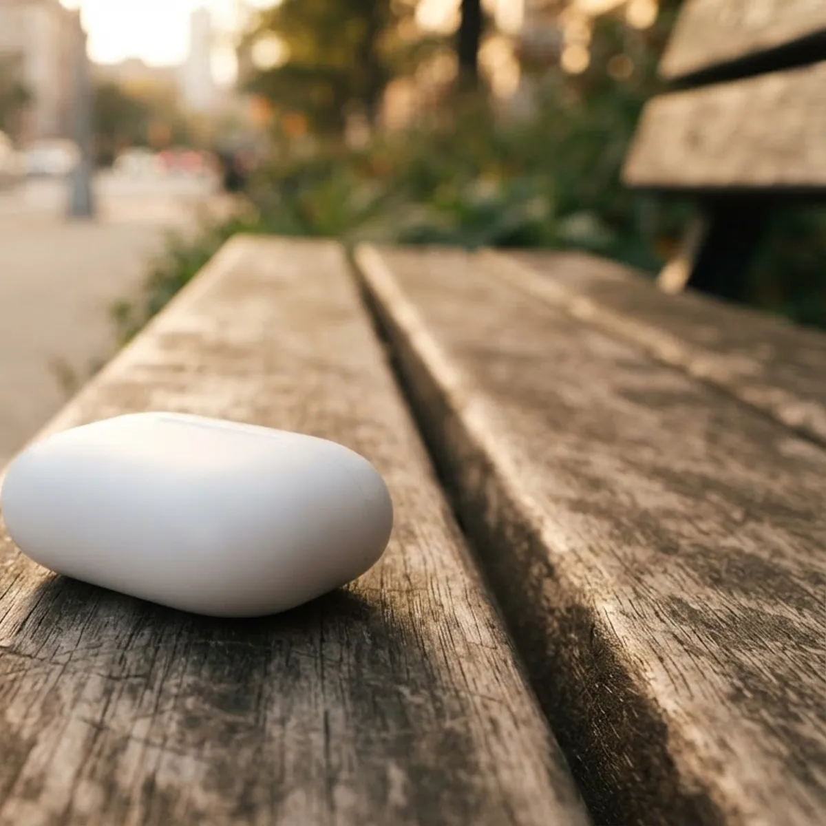 Closed white earbuds case on a wooden park bench with a city street blurred behind