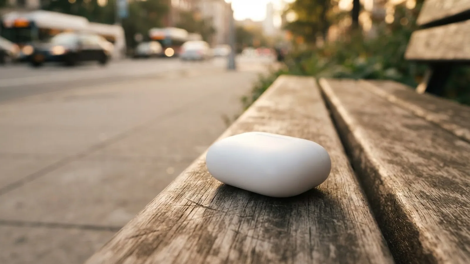 Closed white earbuds case on a wooden park bench with a city street blurred behind