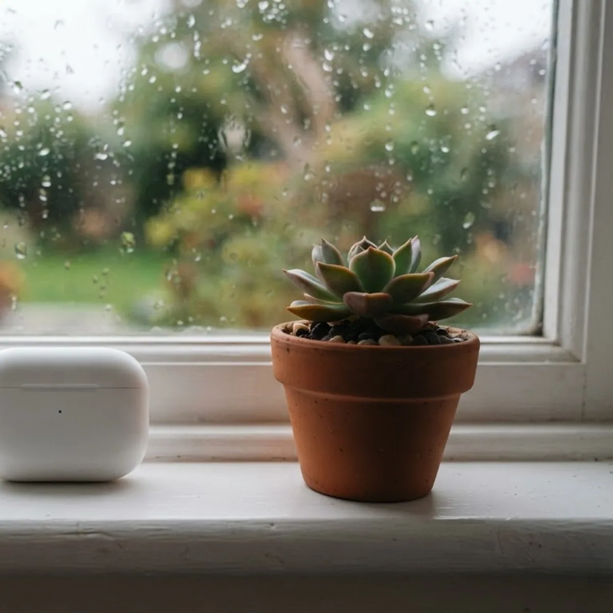 A closed white earbuds case on a white windowsill next to a small potted succulent, with rain on the glass behind