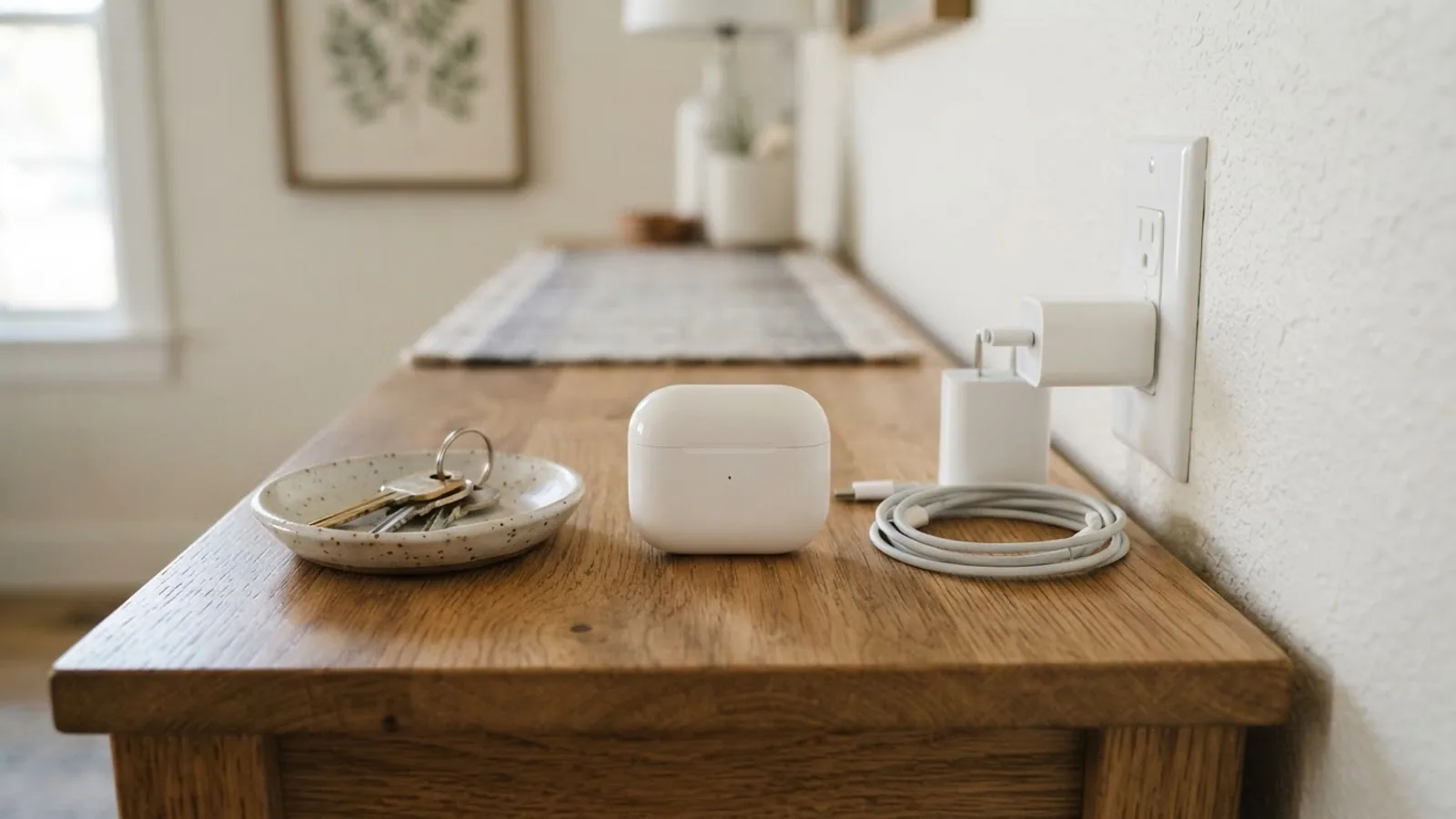 A closed white earbuds case on a hallway console table next to a wall charger, a coiled cable and a dish of keys