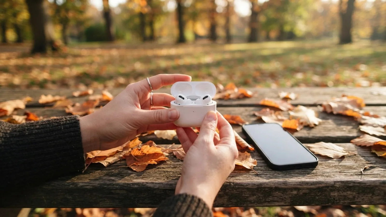 Two hands holding an open white earbuds case over a park bench covered in autumn leaves, with a phone lying beside it