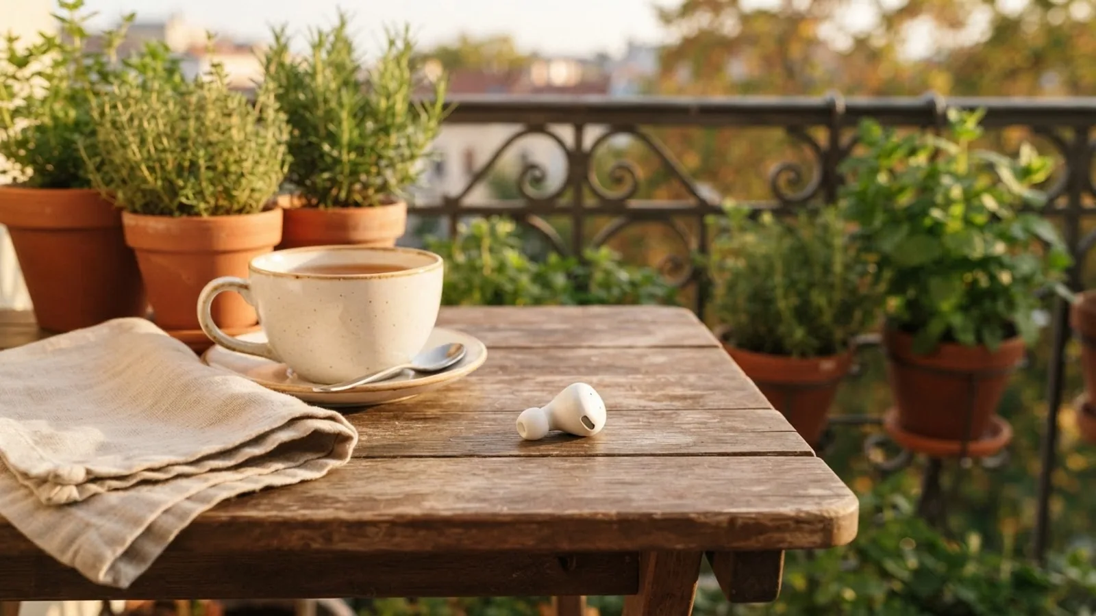 A single white wireless earbud on a wooden balcony table beside a cup of tea and a folded linen napkin