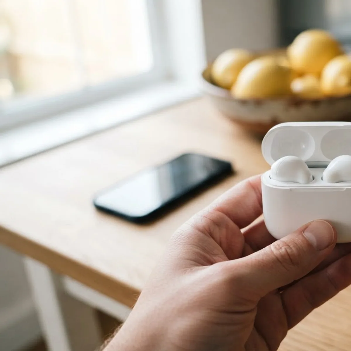Hand holding an open white earbuds case over a kitchen table
