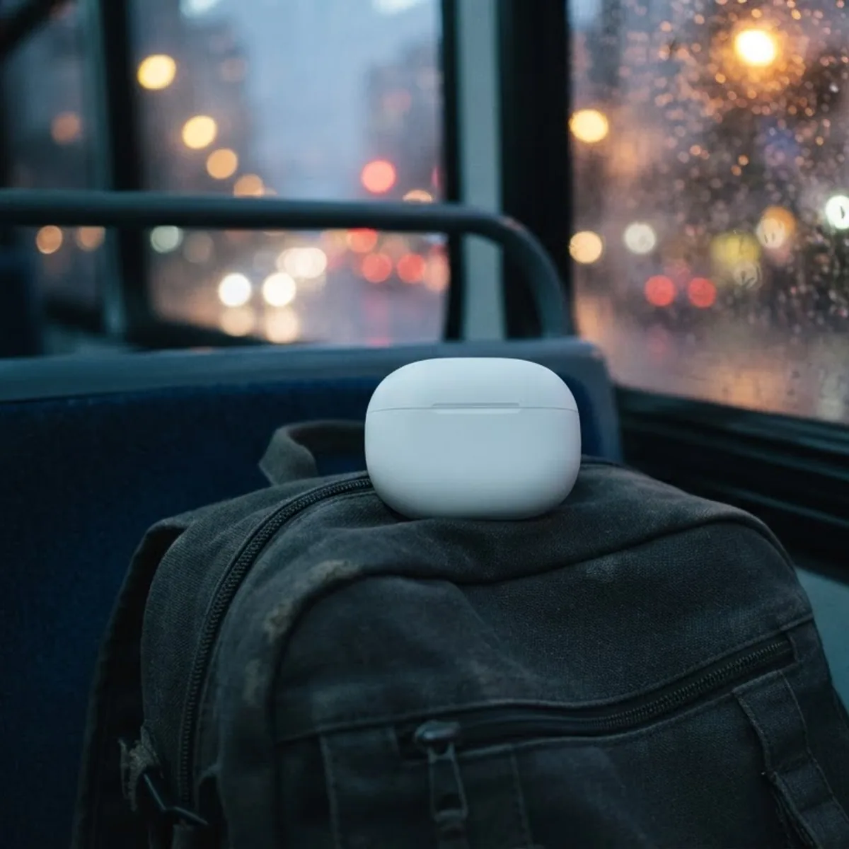 Closed white earbuds case on a backpack on a bus seat, with rain on the window