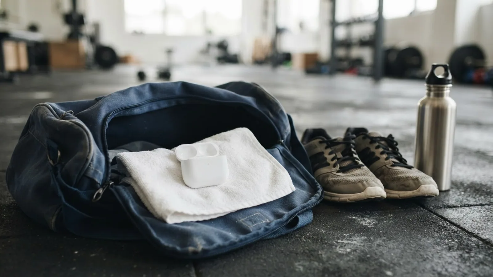 Open white earbuds case on a towel inside a gym bag next to running shoes