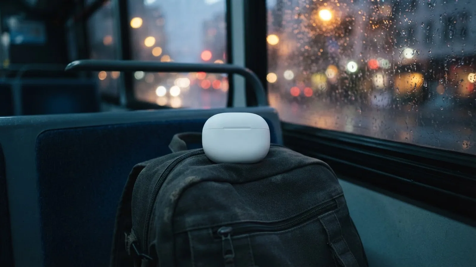 Closed white earbuds case on a backpack on a bus seat, with rain on the window