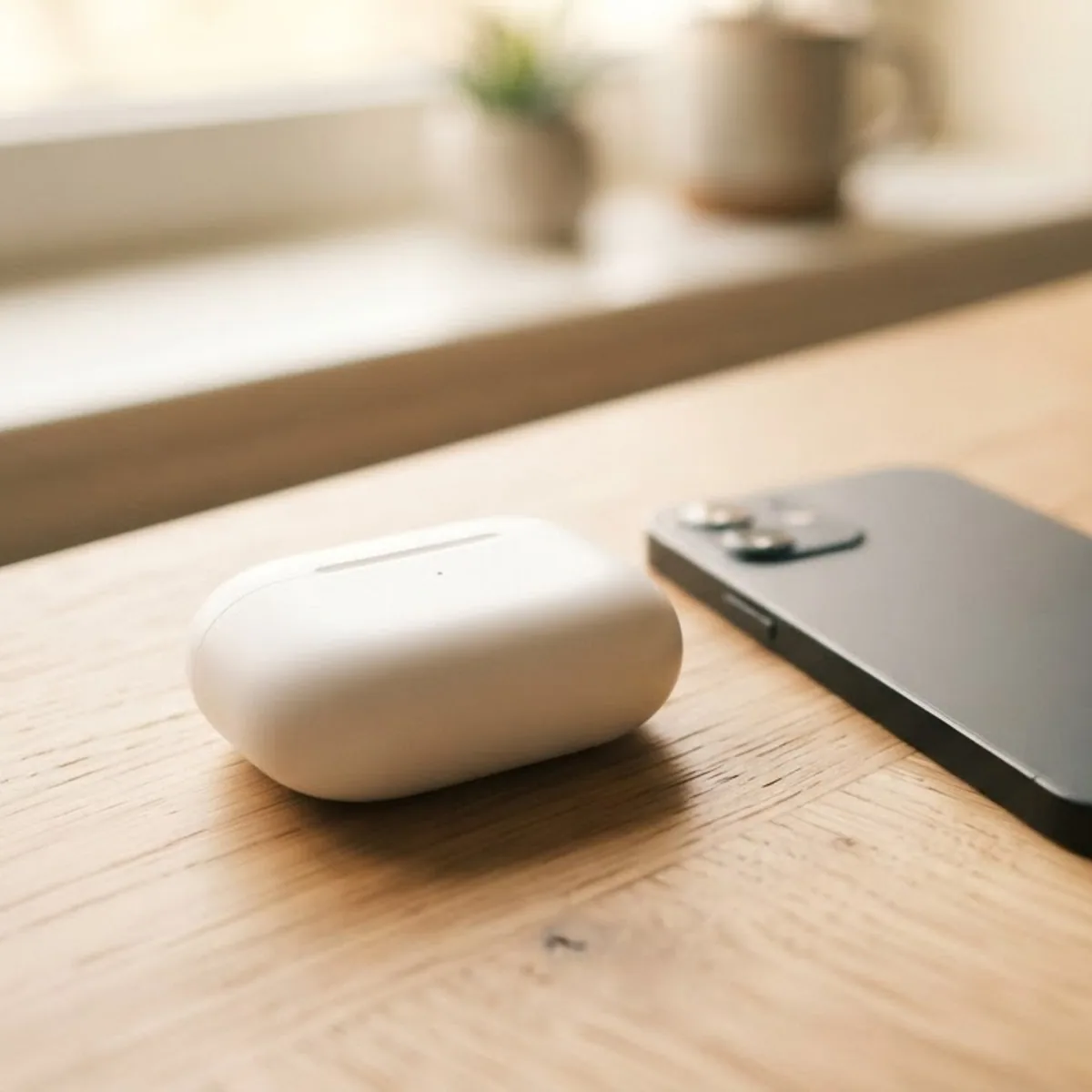 Wireless earbuds case beside a smartphone on a table