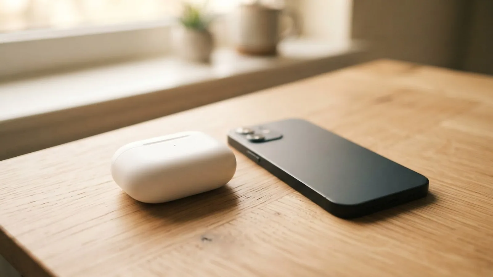 Wireless earbuds case beside a smartphone on a table