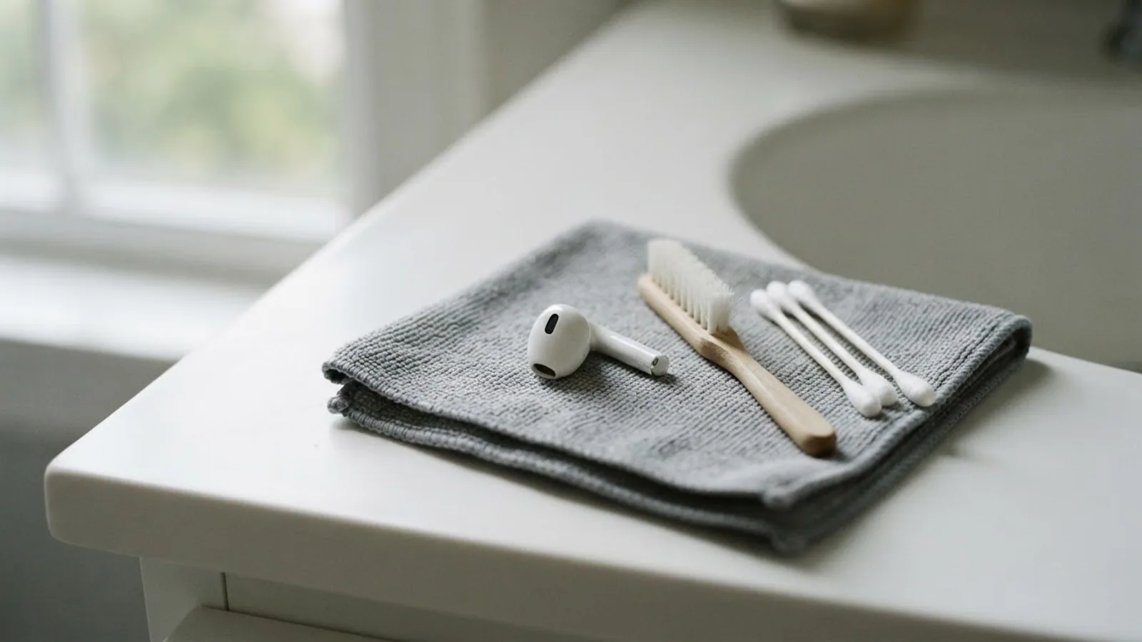 White earbud on a microfiber cloth beside a soft brush and cotton swabs on a bathroom counter