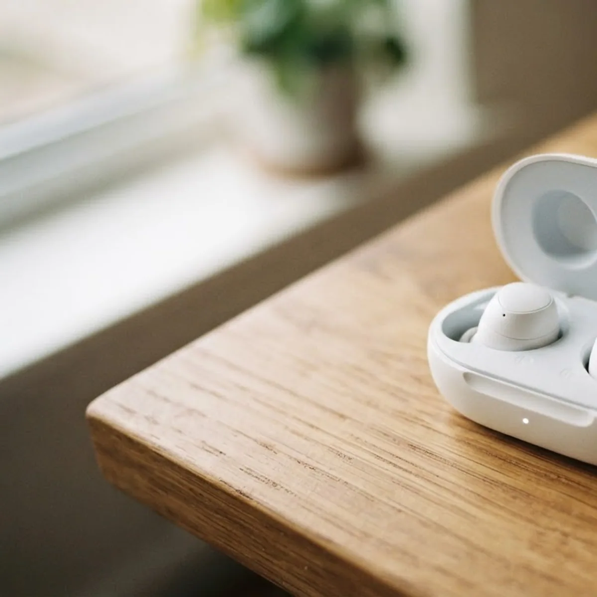 Open charging case with two white wireless earbuds inside, on a desk