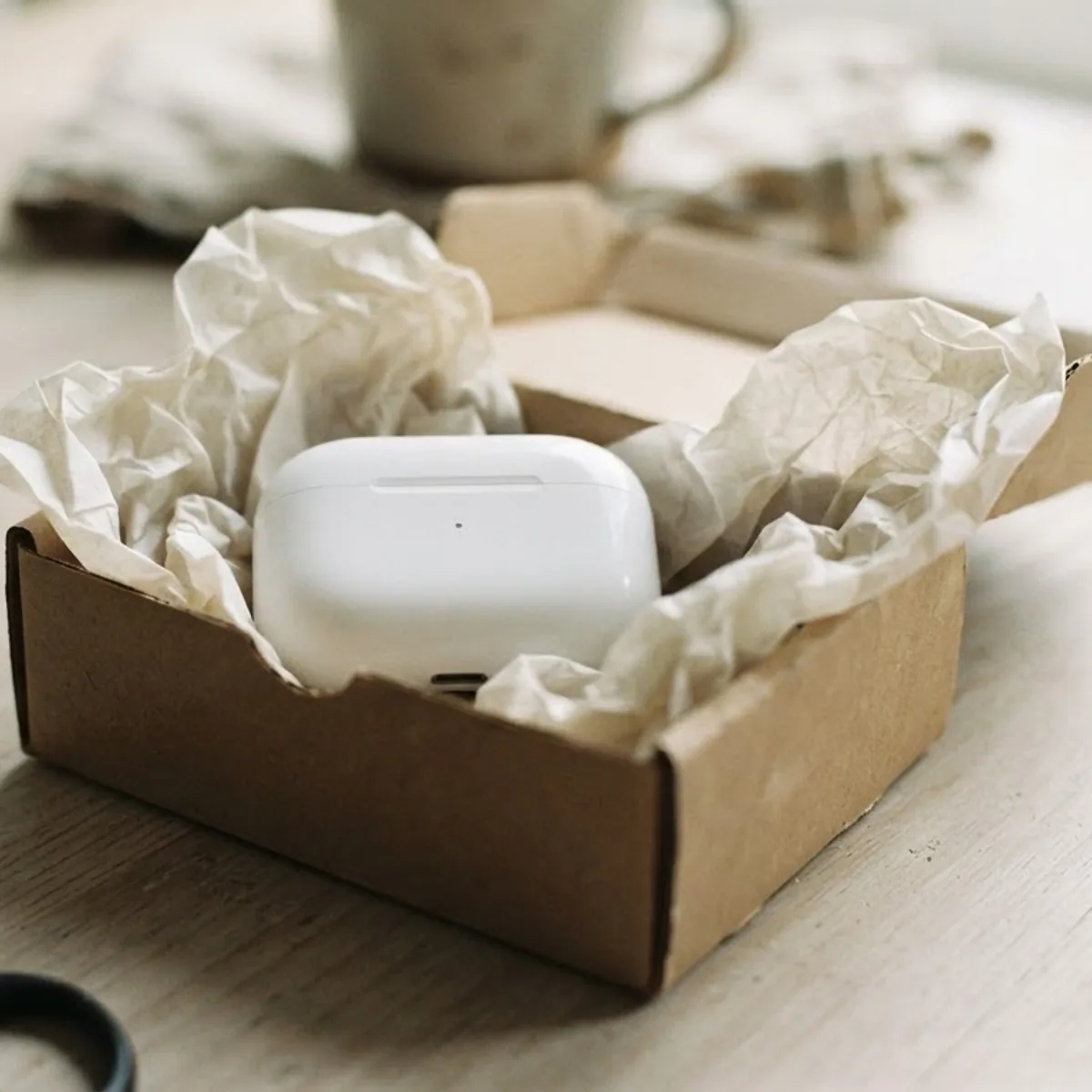 White earbuds case in a small cardboard box with tissue paper on a wooden table