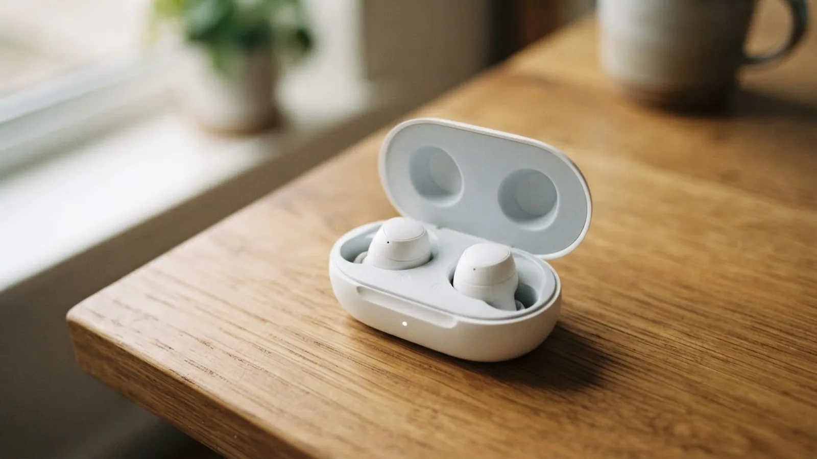 Open charging case with two white wireless earbuds inside, on a desk