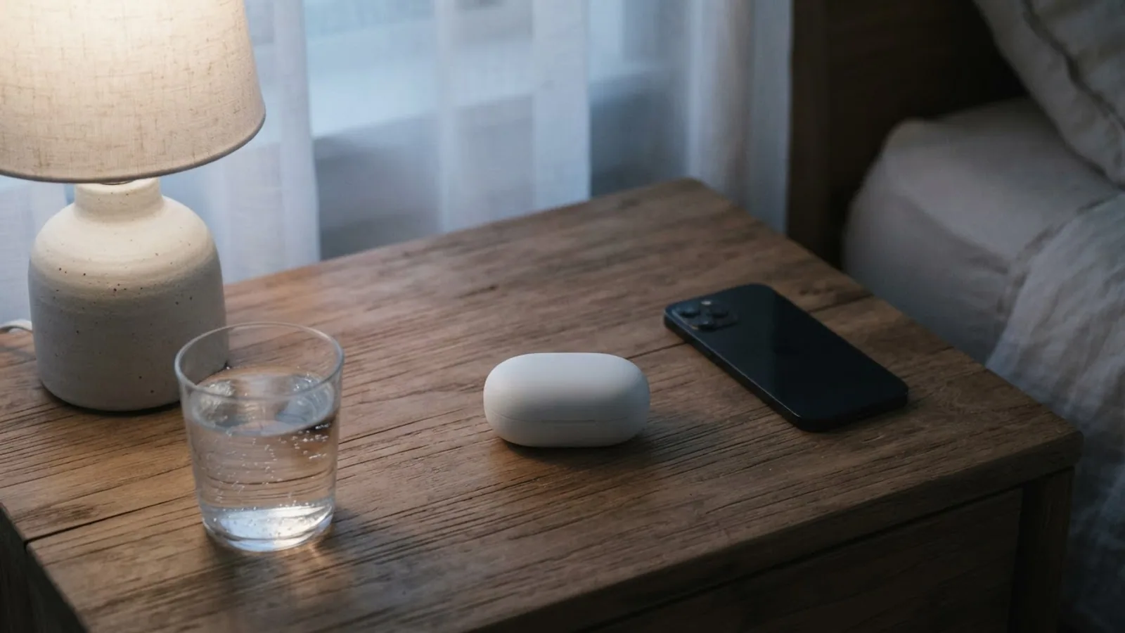 A closed white earbuds case next to a phone lying face down on a wooden bedside table with a glass of water and a lamp