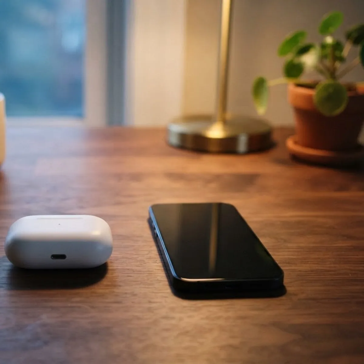 A closed white earbuds case next to a phone with a dark screen on a walnut desk at dusk, with a mug, a lamp and a plant behind