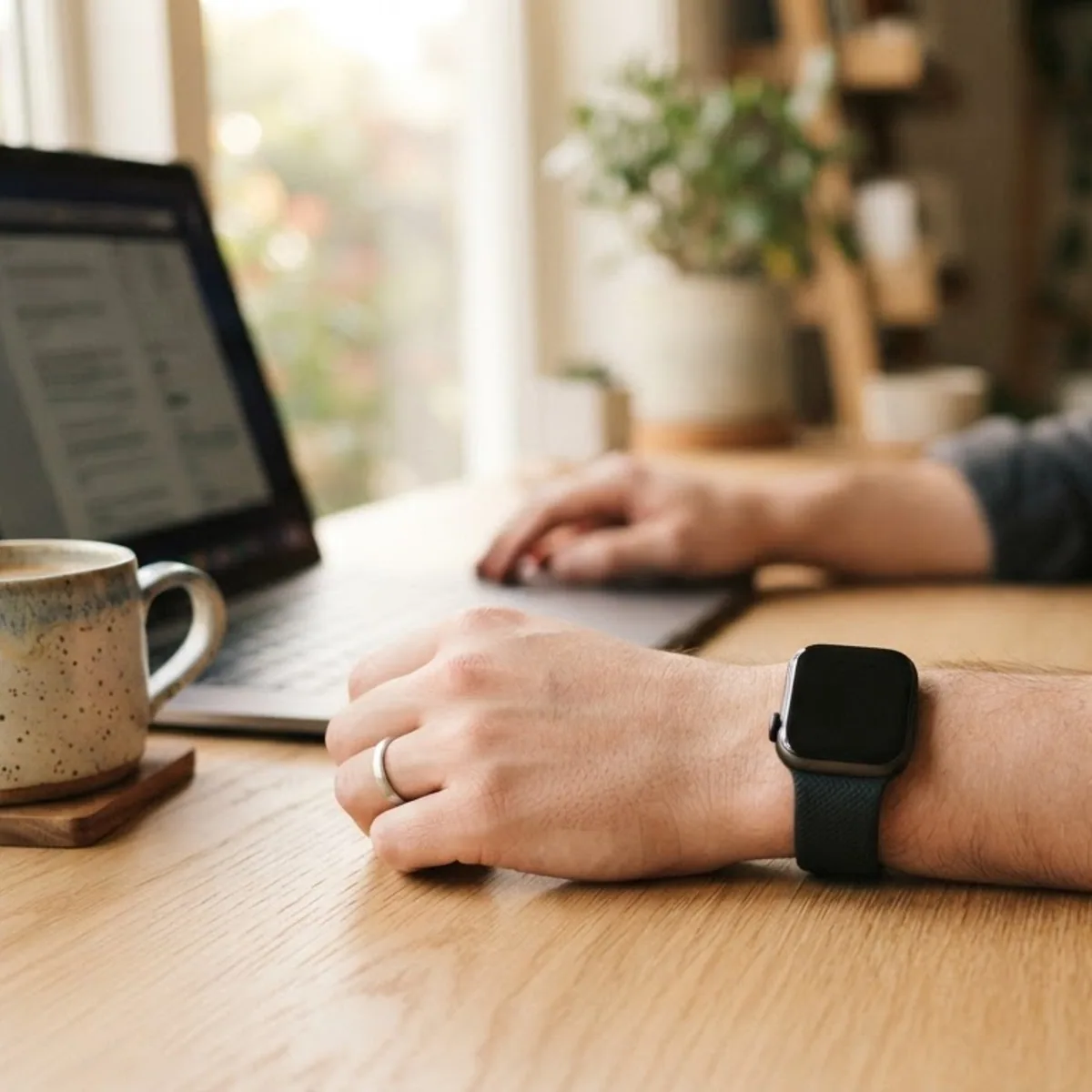 A smartwatch on a wrist resting on a wooden desk next to a laptop and a coffee mug
