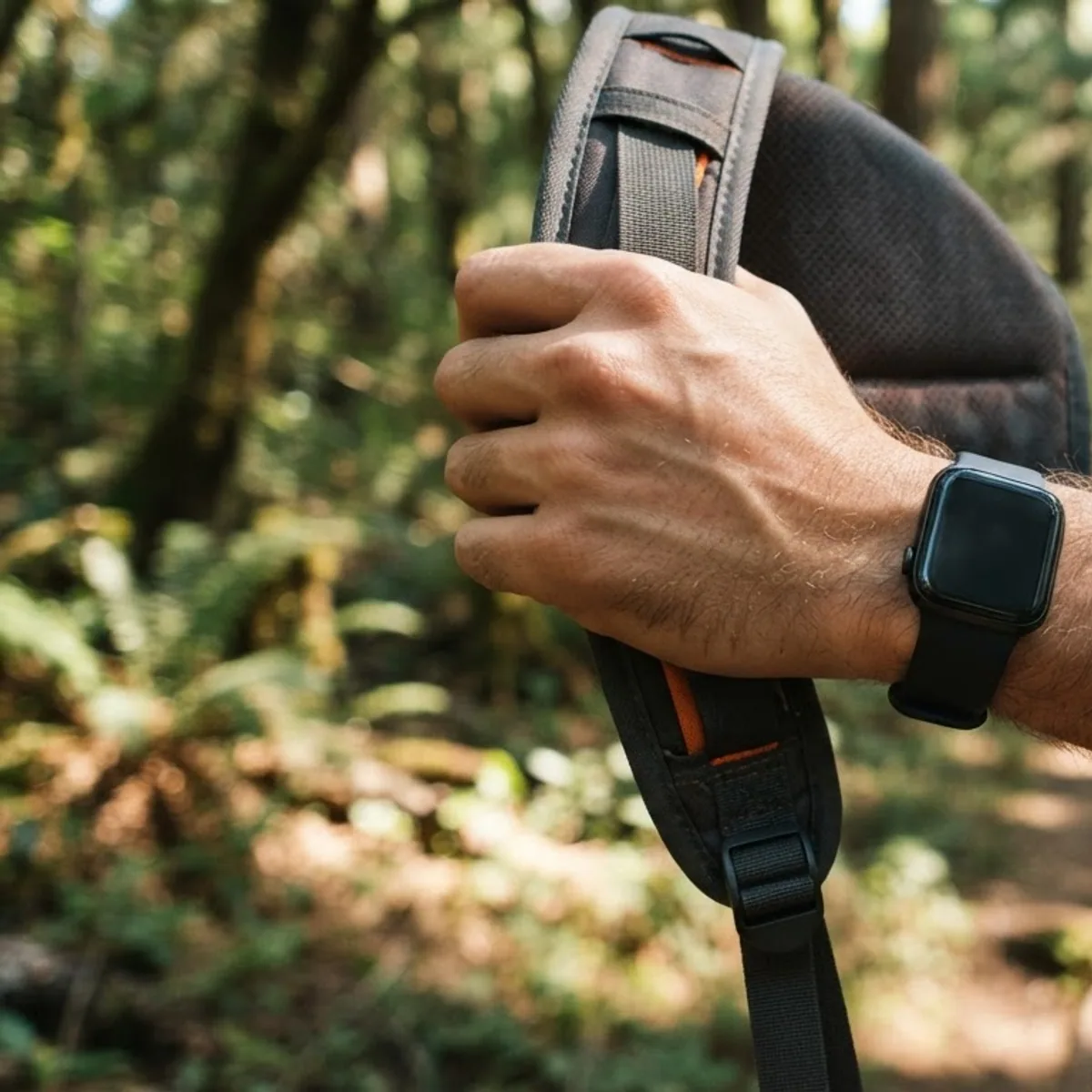 Hiker's forearm wearing a smartwatch, hand gripping a backpack strap on a forest trail