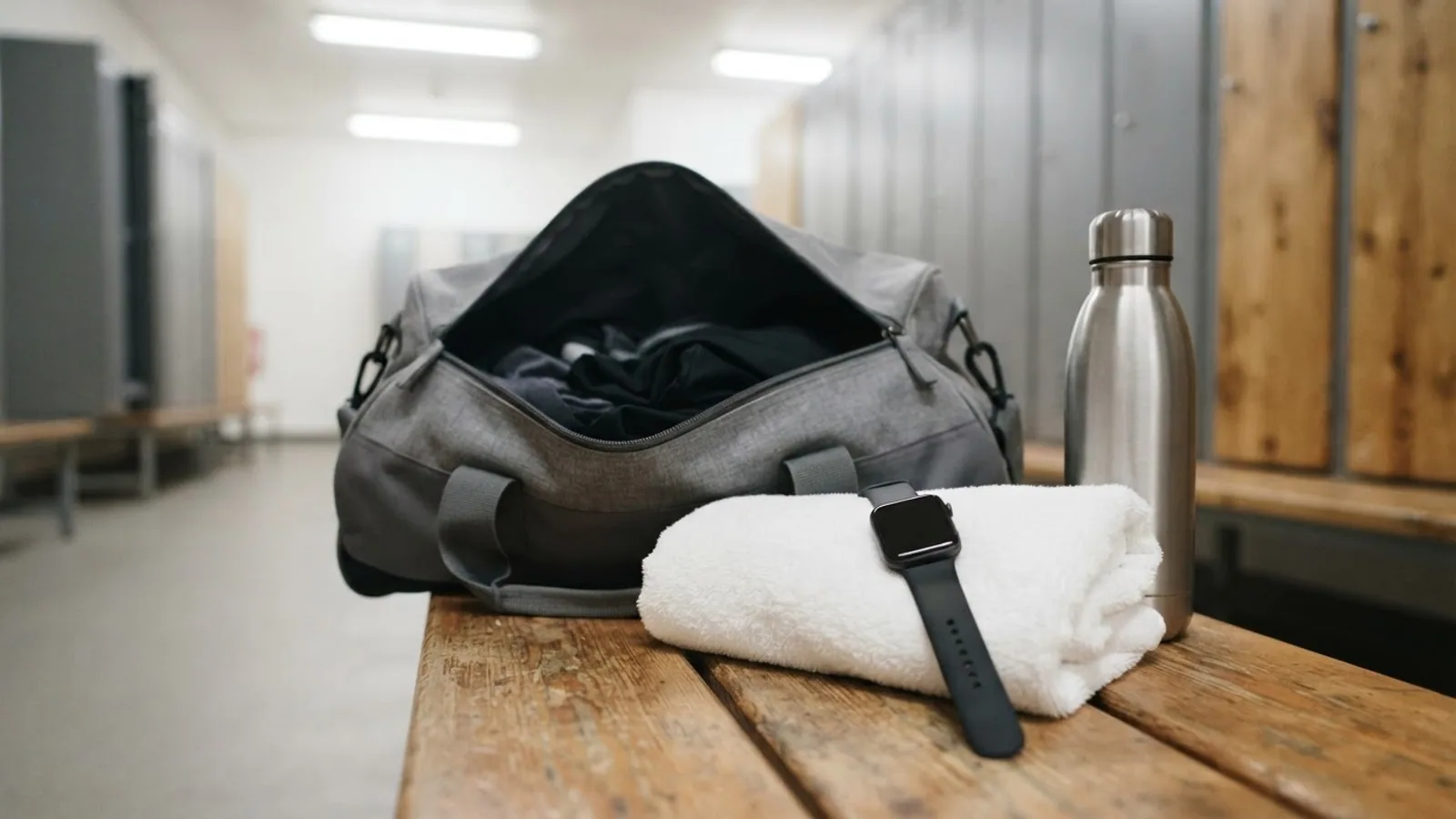 Smartwatch lying on a folded towel beside an open gym bag and a steel water bottle on a locker room bench