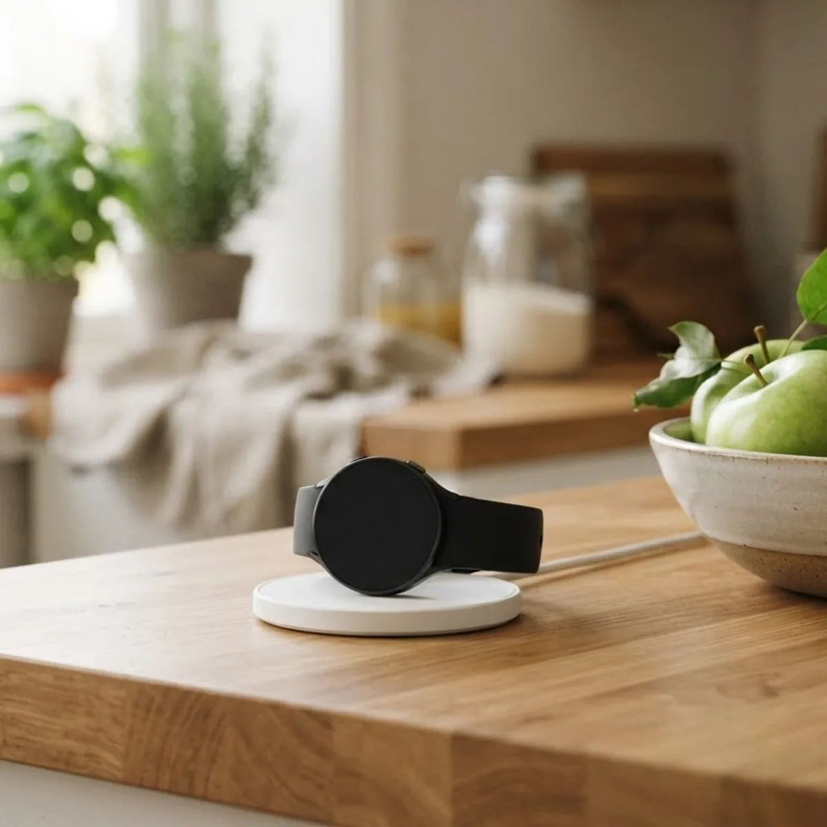 A smartwatch sitting on a round white charger on a wooden kitchen counter beside a bowl of green apples