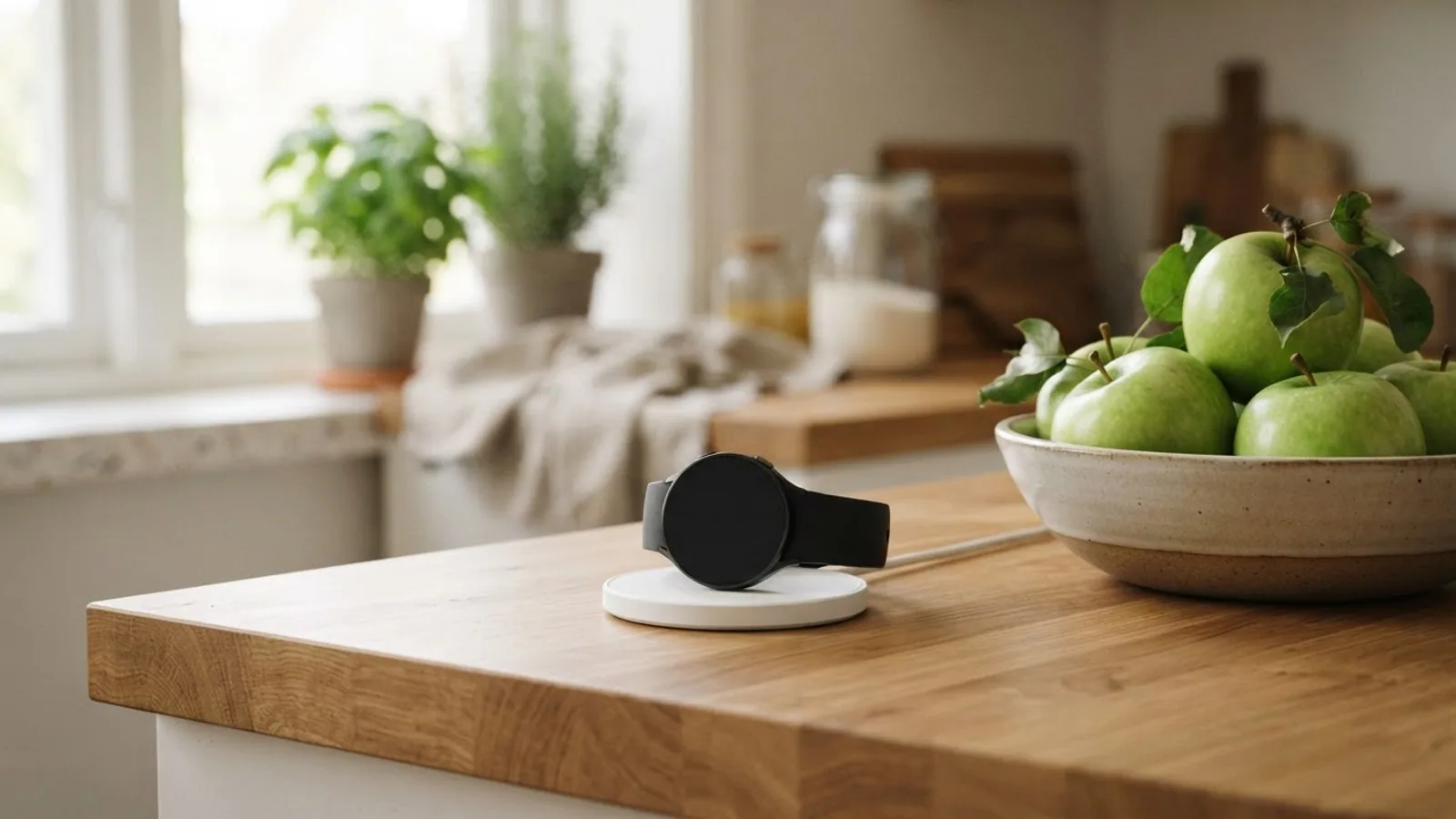 A smartwatch sitting on a round white charger on a wooden kitchen counter beside a bowl of green apples
