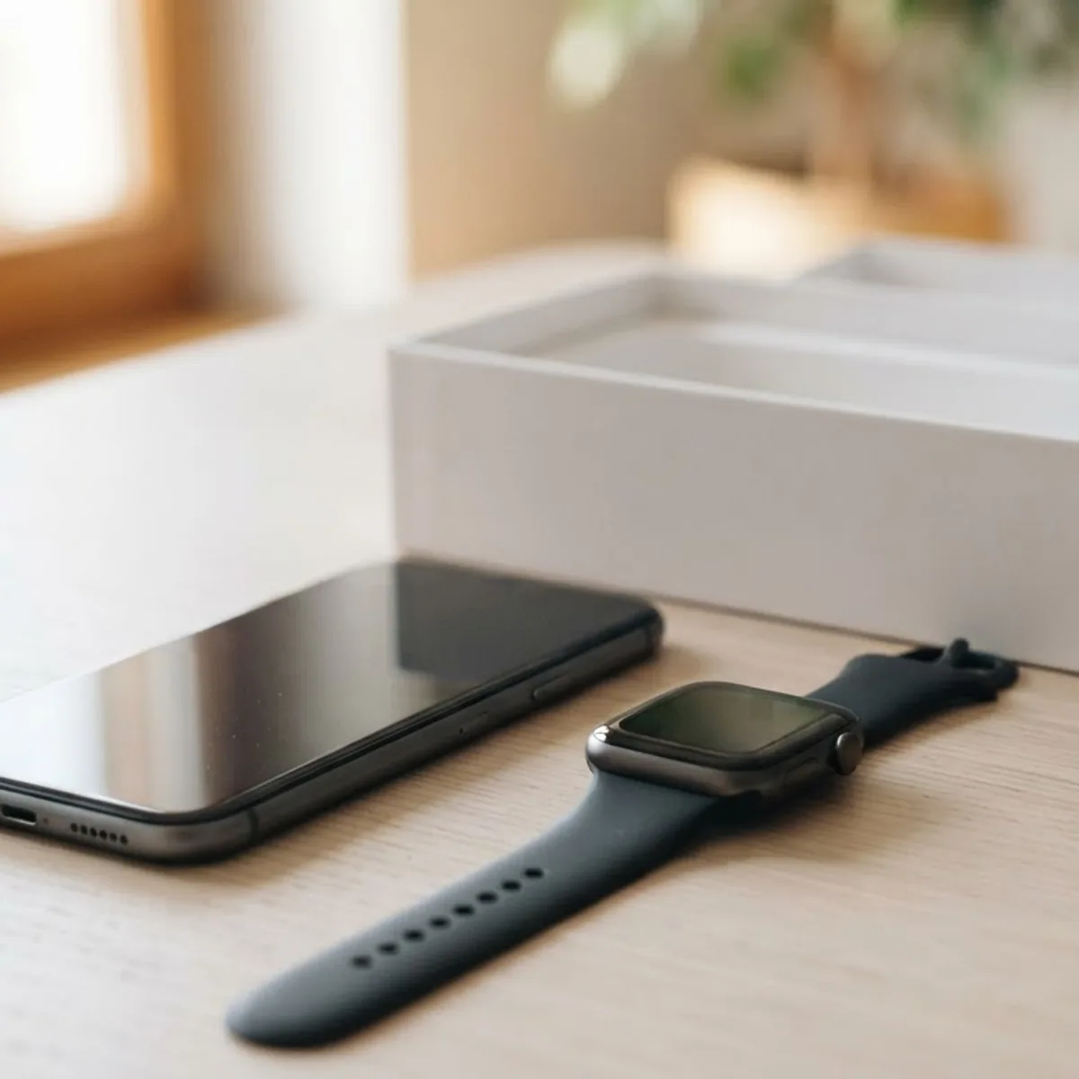 A new phone and a smartwatch lying side by side on a pale table next to an open white box
