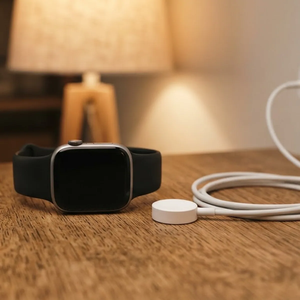 A smartwatch lying on a wooden desk next to a white charger and a cable plugged into a wall outlet