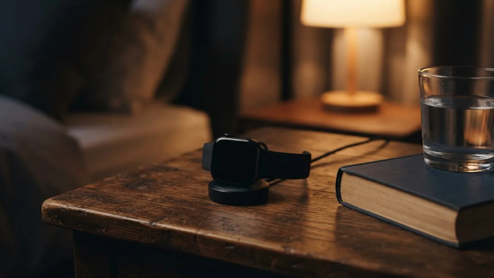 Smartwatch resting on a round charger on a bedside table at night, next to a book and a glass of water