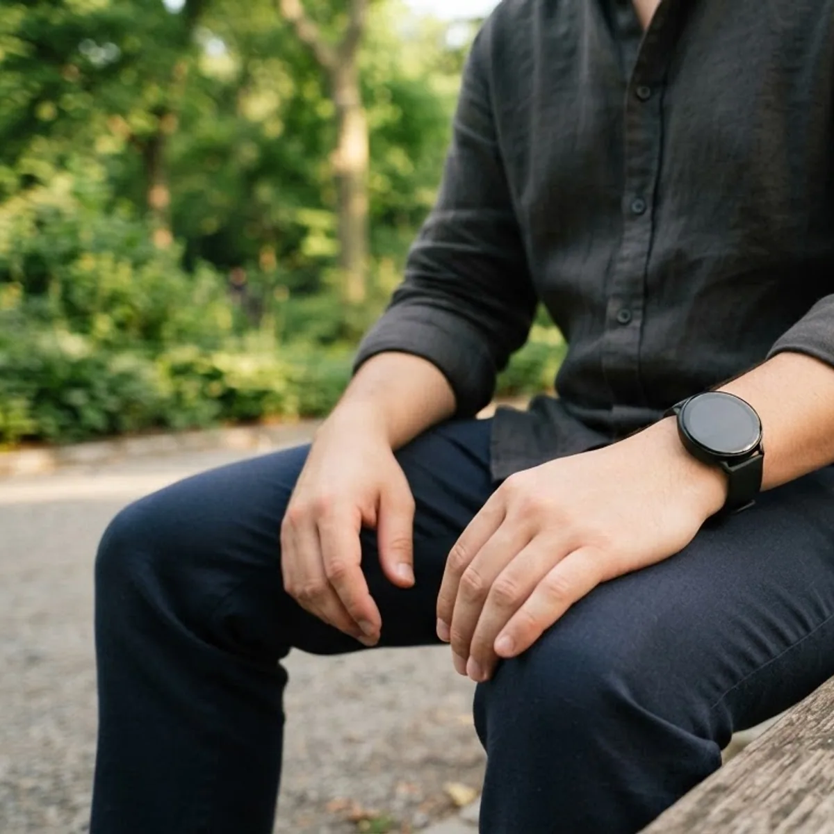 A person sitting on a wooden park bench, seen from the shoulders down, with a smartwatch on the wrist and a phone on the bench