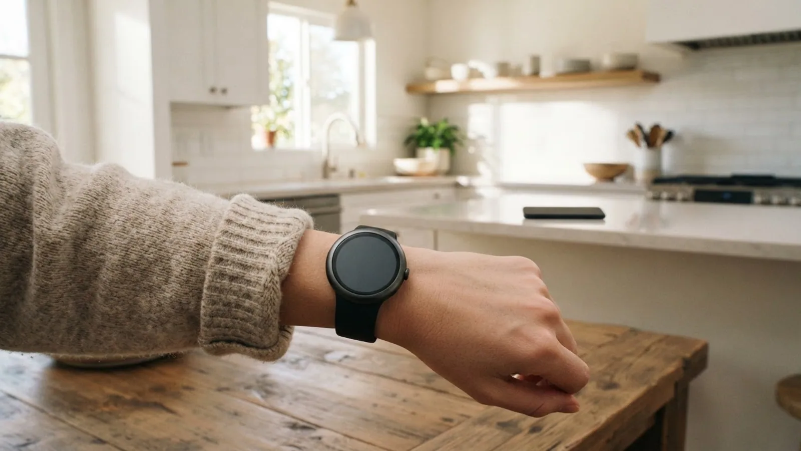 A wrist wearing a smartwatch in a bright kitchen, with a phone lying on the counter across the room